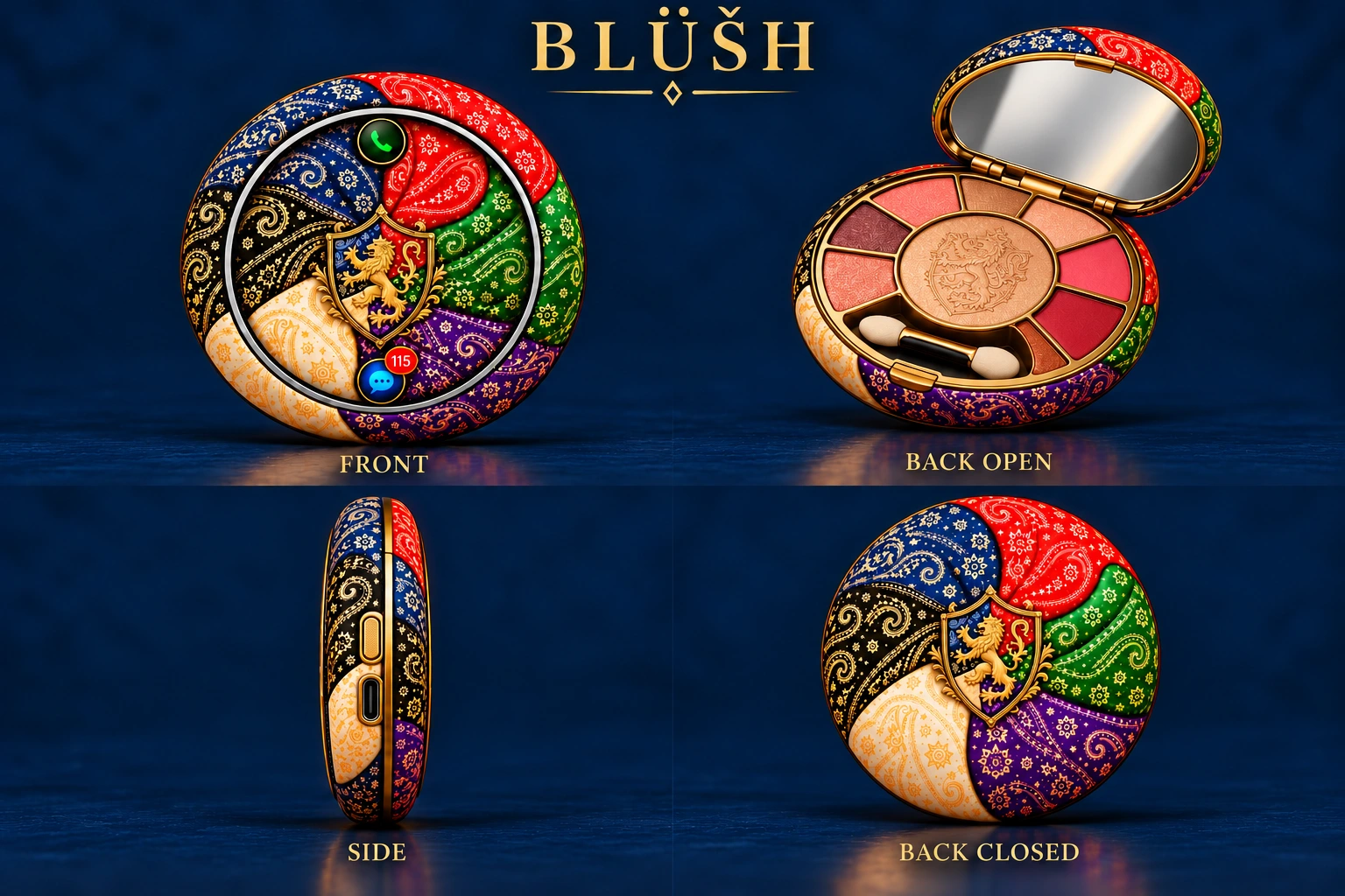 BLÜŠH bandanna phone: front beside open makeup back, with side beside closed back below