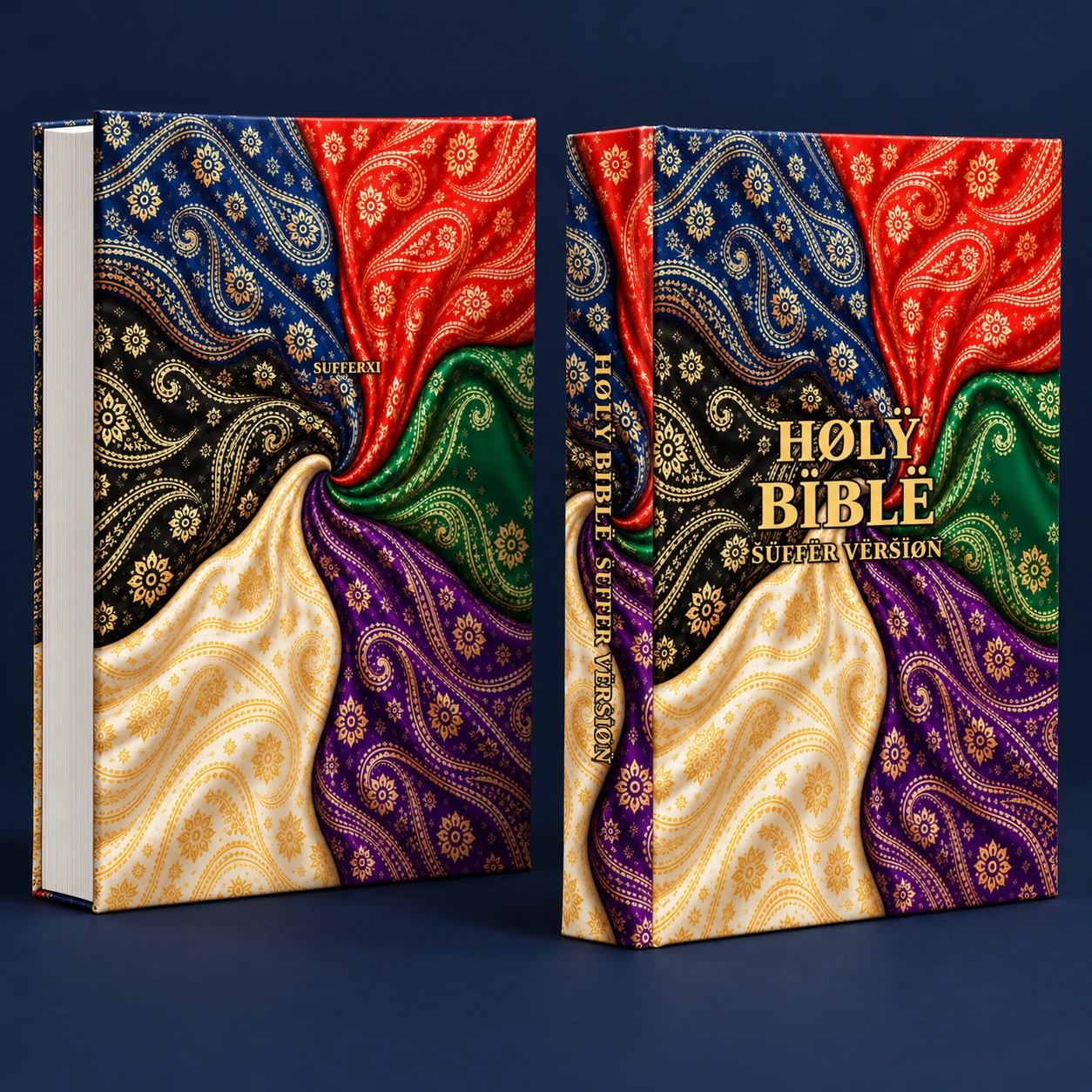 Bookvault printed hardcover preview of HØLŸ BÏBLË ŠÜFFËR VËRŠÏØÑ, front, back and bandanna spine