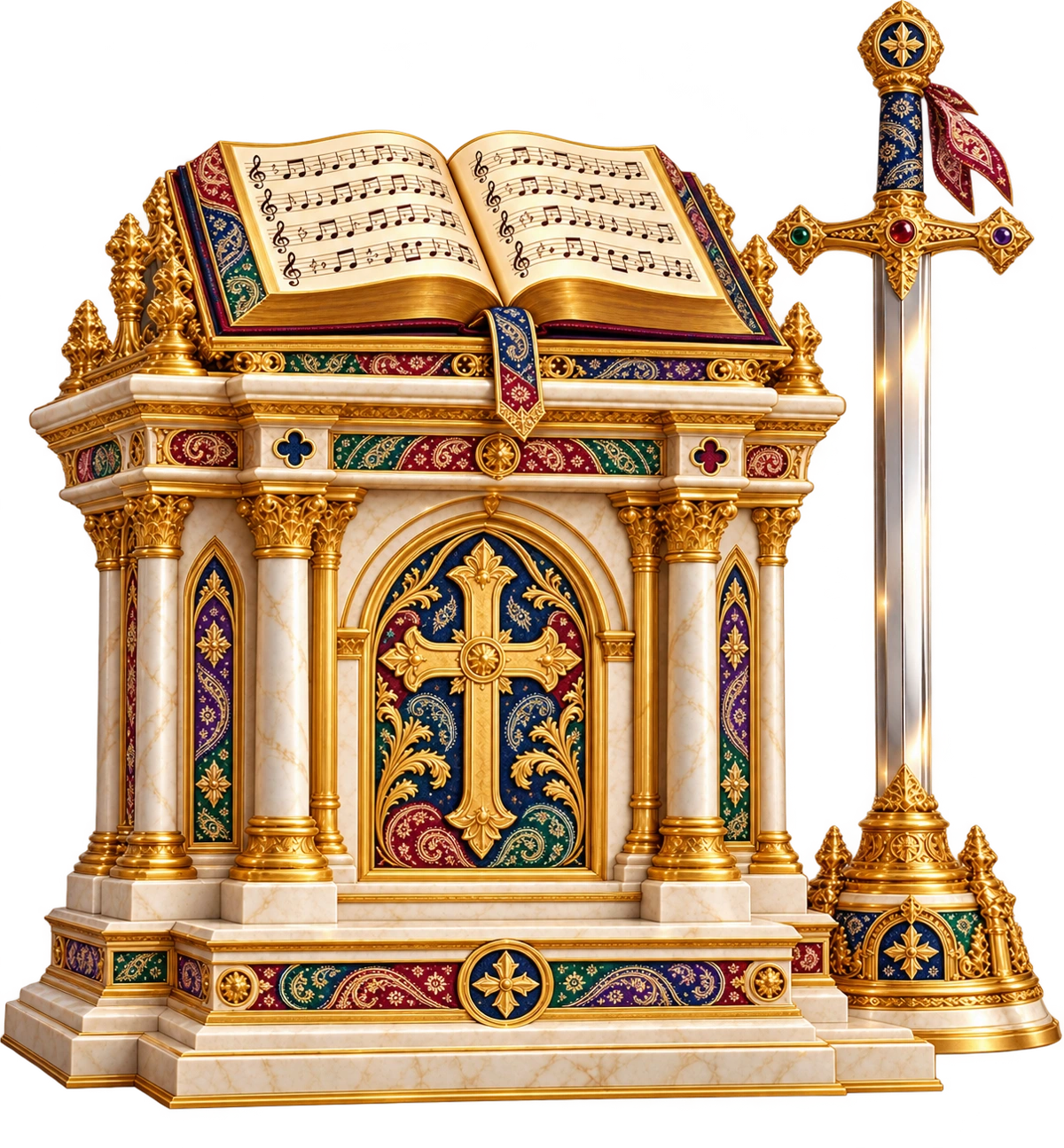 Bandanna-patterned gold and ivory altar, open music book and ceremonial sword